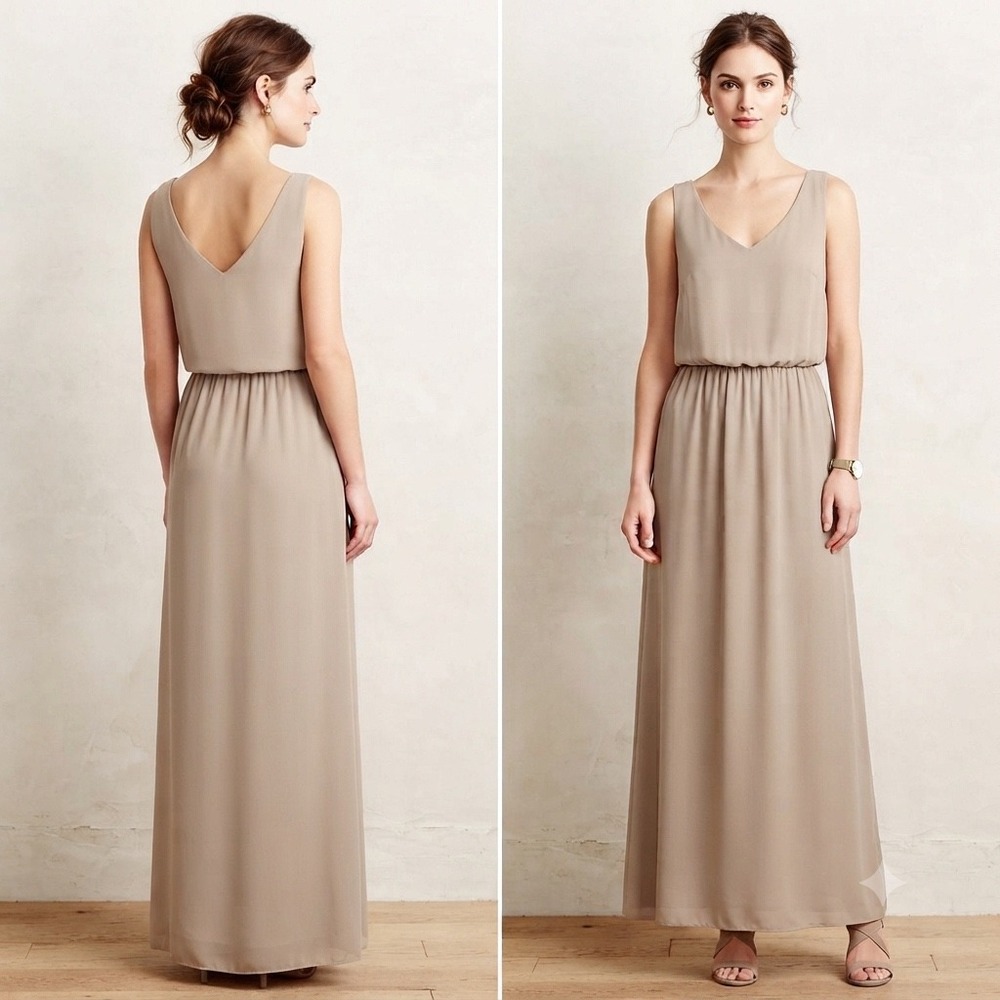 Show Me Your Mumu Heather Maxi Dress Taupe Tan V-Neck Bridesmaid Gown Medium